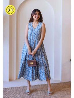 The Indian Ethnic Co. - Saranashi Blue Ajrkh Cotton Wrap Around Dress