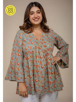 The Indian Ethnic Co. - Sakshi Blue Ajrakh Cotton A Line Short Top