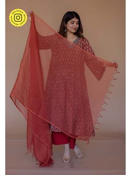 The Indian Ethnic Co. - Red Solid Kota Doria Cotton Dupatta