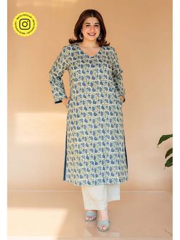 The Indian Ethnic Co. - Aarushi Off White Ajrakh Cotton Straight Kurta