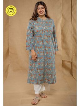 The Indian Ethnic Co. - Azha Blue Ajrakh Cotton Straight Kurta