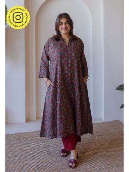 The Indian Ethnic Co. - Nyra Brown Ajrakh Cotton Jhabba Kali Kurta