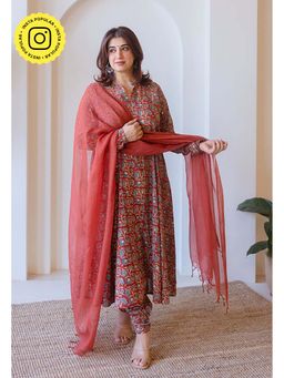 The Indian Ethnic Co. - Shinat Red Ajrakh Cotton Kali Kurta With Hand Embroidery