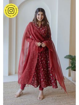 The Indian Ethnic Co. - Shinat Red Ajrakh Cotton Kali Kurta With Hand Embroidery