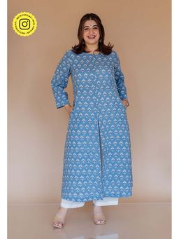 The Indian Ethnic Co. - Zyra Blue Ajrakh Cotton A Line Kurta