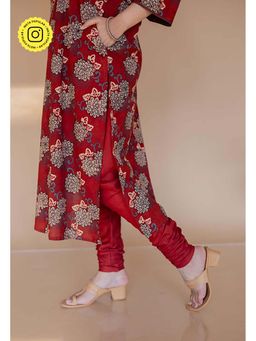 The Indian Ethnic Co. - Miral Red Solid Slub Cotton Churidar