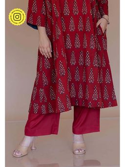 The Indian Ethnic Co. - Yami Red Solid Slub Cotton Palazzo