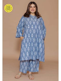 The Indian Ethnic Co. - Ayaat Blue Handloom Ikkat Cotton Straight Kurta