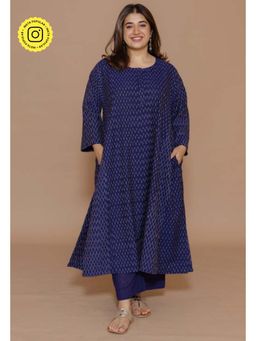 The Indian Ethnic Co. - Alizah Blue Handloom Ikkat Cotton Jhabba Kali Kurta