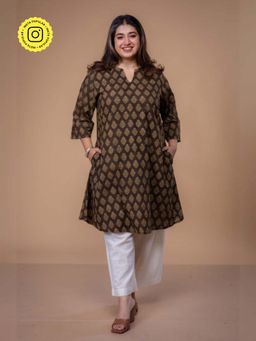 The Indian Ethnic Co. - Daksha Brown Ajrakh Cotton A Line Kurta