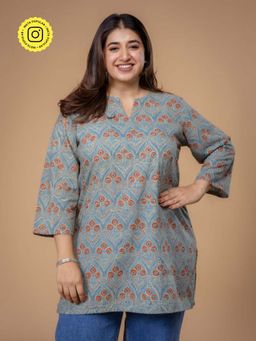The Indian Ethnic Co. - Mishel Blue Ajrakh Cotton Straight Short Kurti