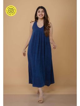 The Indian Ethnic Co. - Tashi Blue Ajrakh Cotton A Line Dress