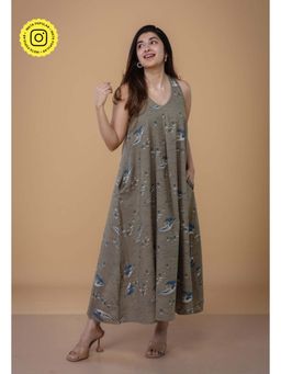 The Indian Ethnic Co. - Tashi Grey Ajrakh Cotton A Line Dress