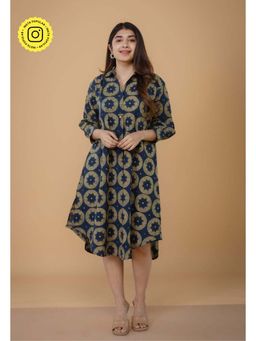 The Indian Ethnic Co. - Ridah Blue Ajrakh Cotton A Line Dress