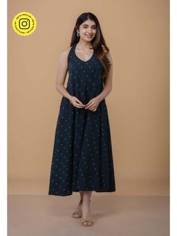 The Indian Ethnic Co. - Tashi Teal Dabu Cotton A Line Dress