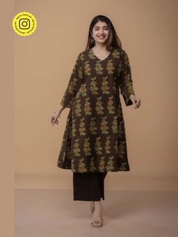 The Indian Ethnic Co. - Sayali Brown Ajrakh Cotton A Line Kurta