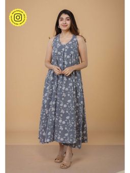 The Indian Ethnic Co. - Tashi Grey Dabu Cotton A Line Dress