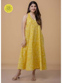 The Indian Ethnic Co. - Tashi Yellow Dabu Slub Cotton A Line Dress