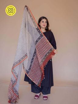 The Indian Ethnic Co. - Off White Jaal Bagru Kota Doria Cotton Dupatta