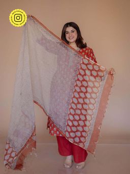 The Indian Ethnic Co. - Red Chevron Bagru Kota Doria Cotton Dupatta