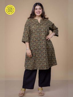 The Indian Ethnic Co. - Daksha Brown Ajrakh Cotton A Line Kurta