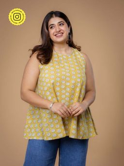 The Indian Ethnic Co. - Parveen Yellow Dabu Slub Cotton A Line Short Top