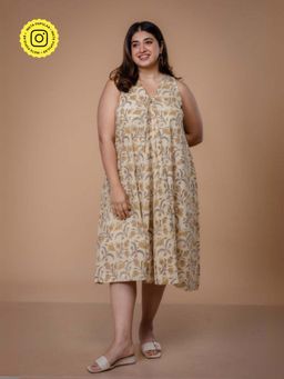 The Indian Ethnic Co. - Eira Beige Ajrakh Cotton A Line Dress
