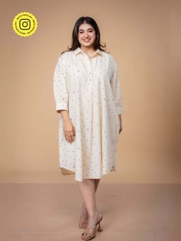 The Indian Ethnic Co. - Ridah Off White Ajrakh Cotton Shirt Dress