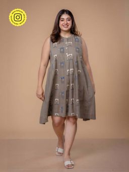 The Indian Ethnic Co. - Fariyah Grey Ajrakh Cotton A Line Dress