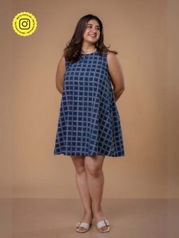 The Indian Ethnic Co. - Inam Blue Ajrakh Cotton A Line Dress