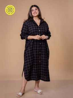 The Indian Ethnic Co. - Samiyah Brown Dabu Slub Cotton Shirt Dress