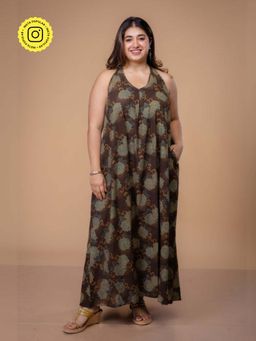 The Indian Ethnic Co. - Naimat Brown Ajrakh Cotton A Line Dress