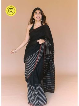 The Indian Ethnic Co. - Black Ajrakh Hand Block Print Linen Saree with Unstitched Blouse