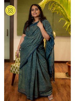 The Indian Ethnic Co. - Ajrakh Natural Dyed Kota Doria Saree with Unstitched Blouse
