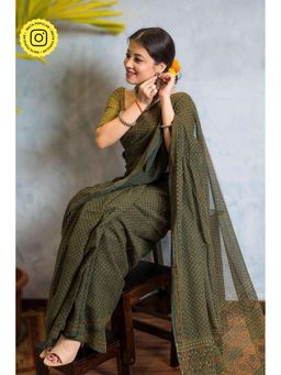 The Indian Ethnic Co. - Ajrakh Natural Dyed Kota Doria Saree with Unstitched Blouse