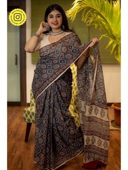 The Indian Ethnic Co. - Ajrakh Natural Dyed Kota Doria Saree with Unstitched Blouse