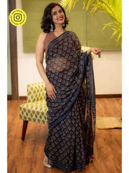 The Indian Ethnic Co. - Ajrakh Natural Dyed Kota Doria Saree with Unstitched Blouse