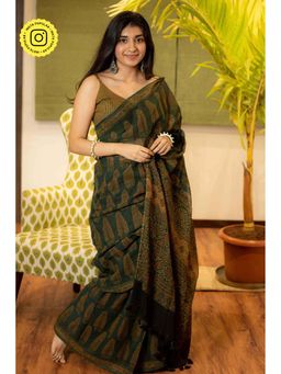 The Indian Ethnic Co. - Ajrakh Natural Dyed Kota Doria Saree with Unstitched Blouse