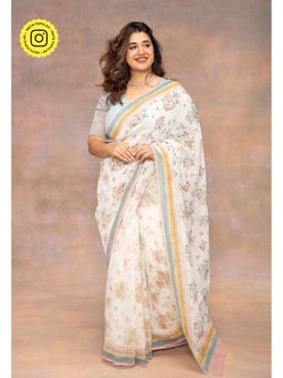 The Indian Ethnic Co. - White Print Chanderi Silk Saree with Unstitched Blouse
