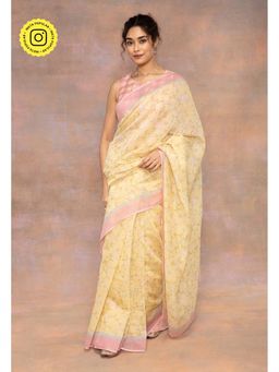 The Indian Ethnic Co. - Yellow Print Chanderi Silk Saree with Unstitched Blouse