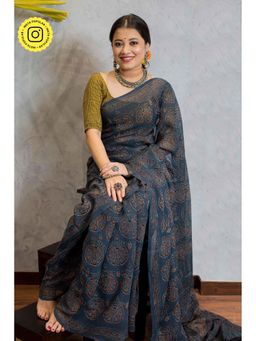 The Indian Ethnic Co. - Ajrakh Natural Dyed Kota Doria Saree with Unstitched Blouse