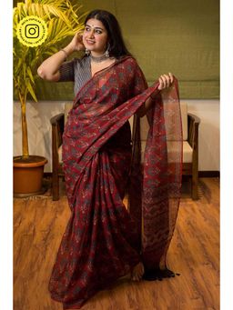 The Indian Ethnic Co. - Ajrakh Natural Dyed Kota Doria Saree with Unstitched Blouse