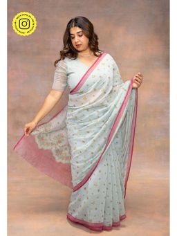 The Indian Ethnic Co. - Blue Print Chanderi Silk Saree with Unstitched Blouse