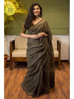 The Indian Ethnic Co. - Ajrakh Brown Dyed Kota Doria Saree with Unstitched Blouse