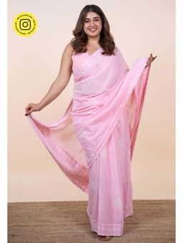 The Indian Ethnic Co. - Humera Pink Batik Hand Block Print Mul Cotton Saree Without Blouse
