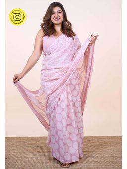The Indian Ethnic Co. - Mira Pink Batik Hand Block Print Mul Cotton Saree Without Blouse