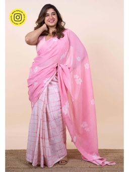 The Indian Ethnic Co. - Parisa Pink Batik Hand Block Print Mul Cotton Saree Without Blouse