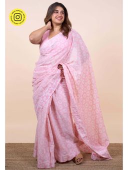 The Indian Ethnic Co. - Bushra Pink Batik Hand Block Print Mul Cotton Saree Without Blouse