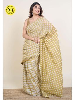 The Indian Ethnic Co. - Urooj Khaki Batik Hand Block Print Mul Cotton Saree Without Blouse