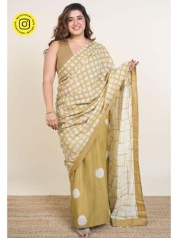 The Indian Ethnic Co. - Esha Khaki Batik Hand Block Print Mul Cotton Saree Without Blouse